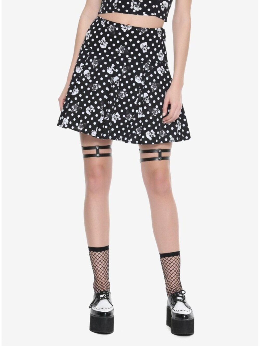 Hot Topic Black White Polka Dot Skull Rose Skirt XXL Skater Mini Whimsy Goth